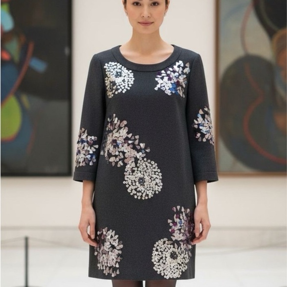 TORY BURCH Sarra 100% Wool Sequin Pineapple Charcoal Gray Cocktail Dress Sz: 2